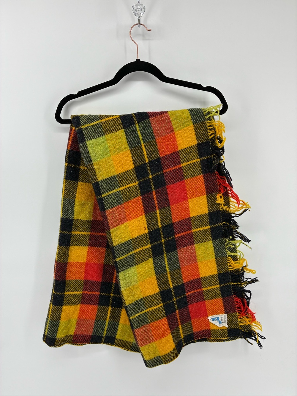 Vintage Ayers Plaid Fringe Wool Throw Blanket Yellow, Red & Black